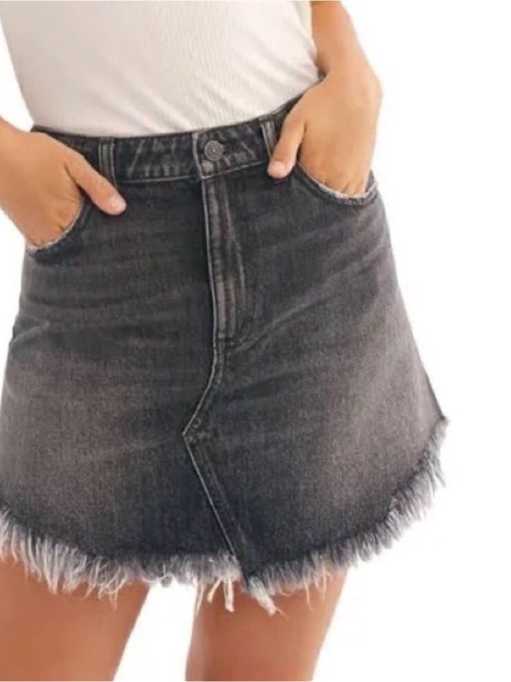 Free People, Maverick Washed Black Denim Fringe Hem Skirt, 29, Like New